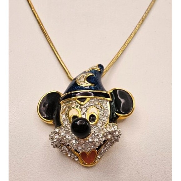 DISNEY Fantasia Mickey Pendant Gold Tone Snake Chain Necklace 16 1/2" + 1 1/2"Ex - Picture 1 of 4